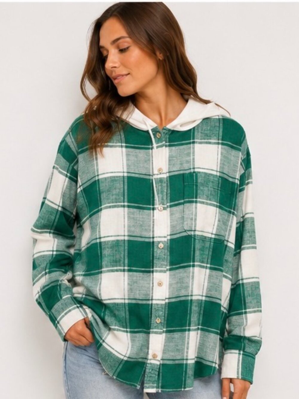 American Eagle Women’s Green White Plaid Hooded Button Up Shirt Long Sleeve